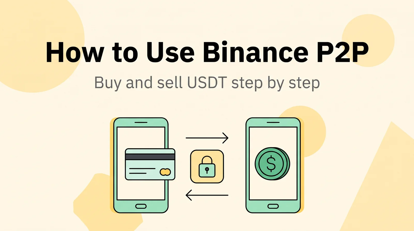 How to use Binance P2P: two phones with a bank card and a USDT coin exchanged through a padlock